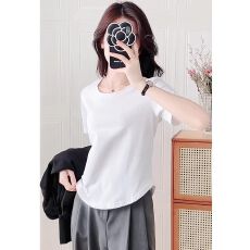 批发2026夏季新款<b class='q'>白色</b><b class='q'>打底衫</b>U型下摆侧开叉T恤女宽松遮肉显瘦短袖上衣