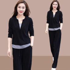 批发V领假两件卫衣女洋气春秋新款休闲遮肚拼接长袖韩版百搭显瘦套装