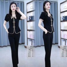 批发2026爆款时尚高档气质新中式套装<b class='q'>夏</b>天显瘦拼接盘扣短袖裤子二件套