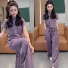 批发韩版洋气简约紫色T恤小衫女2026<b class='q'>夏</b>季新款高腰显瘦阔腿长裤两件套