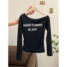 批发【实拍 270克2*2人棉】小个子短款斜肩露肩长袖t恤女春<b class='q'>秋</b>抽褶上衣