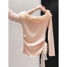 批发【官方图 原版质量】小个子一字领斜肩露肩网纱拼接长袖t恤<b class='q'>秋</b>季