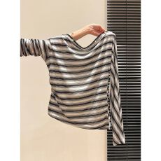 批发【官方图 原版质量】小个子短款斜肩露肩长袖t恤女春<b class='q'>秋</b>季条纹上衣