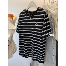 批发【原版面料】特大码300斤黑白条纹爱心刺绣短袖t恤女2026夏季新款