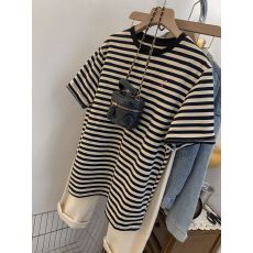 批发【原版面料】特大码300斤条纹短袖t恤女2026夏季新款宽松上衣