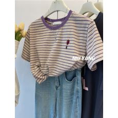 批发【原版面料】230克特大码300斤撞色条纹短袖T恤上衣2026夏季新款