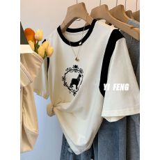 批发【纯棉】特大码纯棉300斤撞色印花短袖t恤女2026夏季新款港味上衣