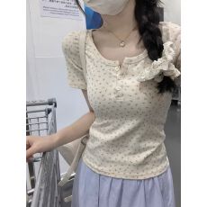 批发官图 2026夏季新款纯棉短袖T恤女碎花纽扣