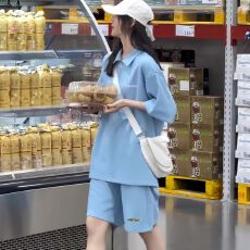 批发网红ootd<b class='q'>运动服</b>套装女夏季宽松紫色减龄短袖短裤<b class='q'>时尚</b>两件套小个子