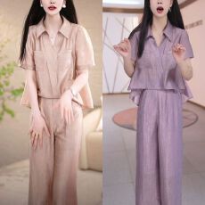 批发高级感天丝皱柔软亲肤上衣裤子俩件套女夏季新品优雅显瘦休闲<b class='q'>套装</b>