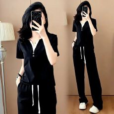 批发时尚百搭休闲<b class='q'>大码</b>套装女2026夏季新款拼色V领短袖阔腿长裤两件套