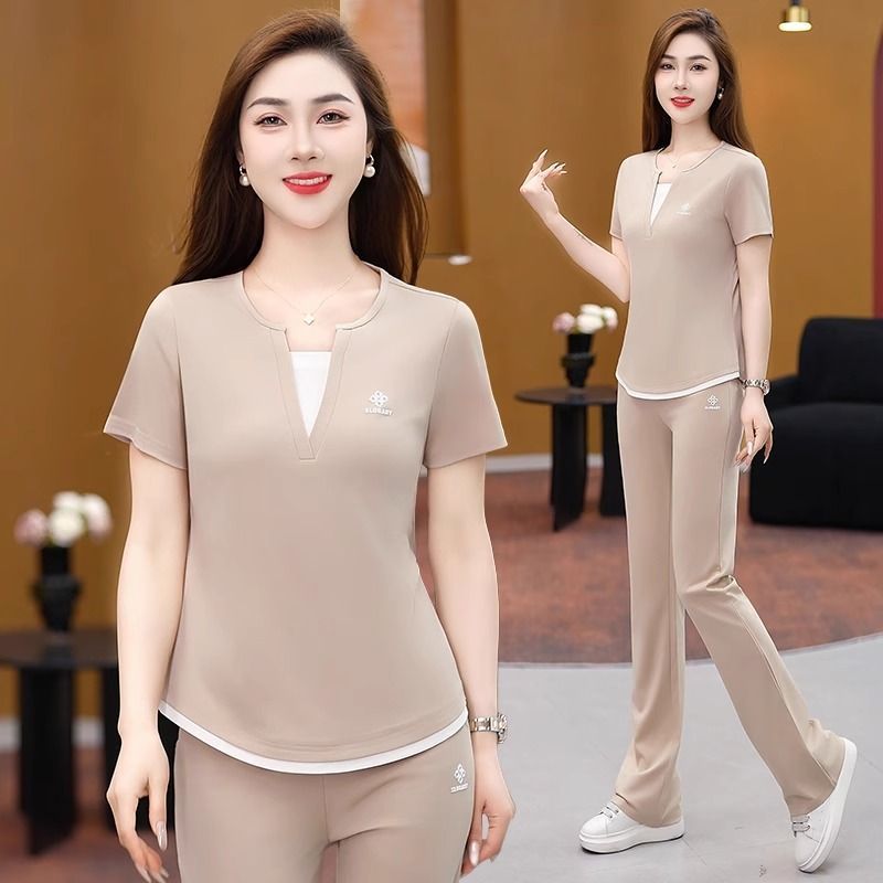 冰丝运动套装女夏季洋气减龄薄短袖长裤气质V领休闲跑步服两件套  服裝批發女裝批發服飾貨源