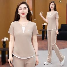 批发冰丝运动套装女夏季洋气减龄薄短袖长裤气质V领休闲跑步服两件套