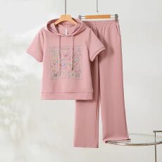 批发运动套装女夏季2026<b class='q'>新款</b>时尚宽松洋气女士连帽短袖长裤休闲两件套