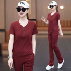 批发休闲套装女2026夏新款时尚洋气显瘦V领简约短袖减龄<b class='q'>运动服</b>两件套
