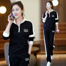 2026春秋新款女装薄韩版宽松立领拼色阔腿裤运动服休闲套装两件套