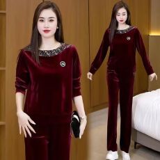 批发<b class='q'>金丝</b>绒刺绣套装女2025秋季新款洋气显瘦圆领套头休闲直筒裤两件套