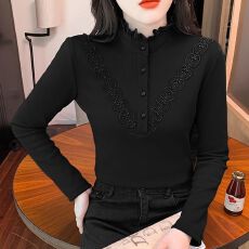 批发螺纹德绒秋冬高档气质新款蕾丝花边加绒长袖洋气妈妈保暖打底上衣