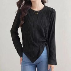 大码女装2026秋季新款不规则设计感收腰显瘦褶皱长袖T恤时尚上衣