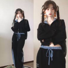批发仿棉华棉320克运动套装女格纹拼接<b class='q'>连帽卫衣</b>秋季休闲长裤两件套