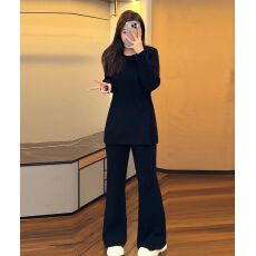 批发纳米条280克春秋季显瘦收腰套装女<b class='q'>大码</b>长袖喇叭<b class='q'>长裤</b>休闲两件套