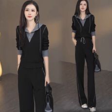 批发新款时尚休闲套装女2026秋新款洋气假两件长袖阔腿裤外穿两件套