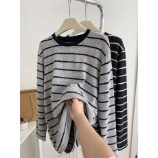 批发【原版面料】特大码300斤<b class='q'>条纹</b>德绒磨毛长袖<b class='q'>T</b><b class='q'>恤</b>女2026秋季新款