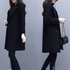 批发<b class='q'>新款</b>春冬季加厚赫本风口袋毛呢大衣女黑色显瘦中长款呢子大衣