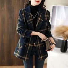 批发大码女装2026年毛呢冬季<b class='q'>新款</b>时尚韩系显瘦复古格纹拼接毛呢
