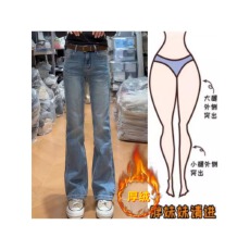 批发格洛森加绒加厚高腰显瘦窄版微喇裤时尚百搭修身牛仔长裤