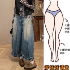批发格洛森早秋新款梨型身材高腰显瘦时尚百搭花边设计阔腿<b class='q'>九分</b><b class='q'>牛仔裤</b>
