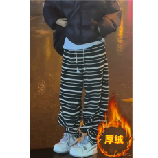 格洛森冬季新款高腰显瘦宽松阔腿条纹裤时尚百搭加绒加厚休闲长裤