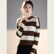 批发实拍~咖色条纹长袖针织内搭衫女2025秋冬短款宽松百搭打底毛衣ins