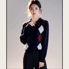 批发实拍~藏青色菱格子针织开衫外套女2025秋冬新款时尚内搭毛衣