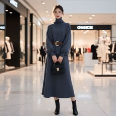 批发实拍~韩系宽松高领针织衫两件套装长裙2025冬新款蝙蝠袖休闲毛衣