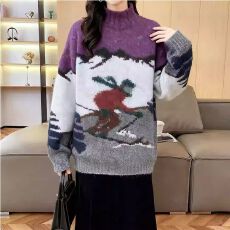 批发实拍~圣诞可爱卡通毛衣女新款加厚秋冬宽松半高领时尚拼色针织衫
