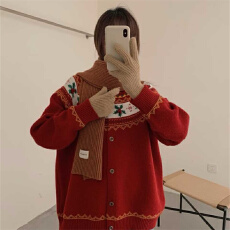 批发实拍~落雪圣诞氛围感彩色线条针织开衫北欧复古毛衣外套秋冬新款