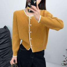 实拍~撞色波浪线软糯圆领长袖针织开衫女2025冬新款小众宽松毛衣