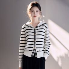 批发实拍~小香风条纹海军领针织开衫<b class='q'>女</b>外套春秋冬季新款减龄打底毛衣