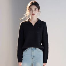 批发实拍~镂空提花V领长袖针织衫女2026春季新款韩版翻领宽松打底毛衣