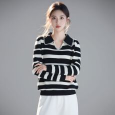 批发实拍~韩版气质时尚翻领长袖针织衫女2026春节新款条纹宽松毛衣ins