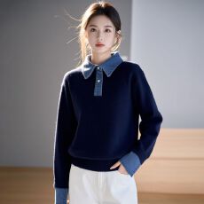 批发实拍~牛仔拼接POLO领长袖针织衫女2026新款宽松显瘦内搭打底毛衣