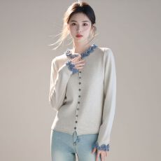 批发实拍~独特的学院风木耳边拼接圆领长袖针织开衫2026新款显瘦毛衣