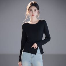 批发实拍~开叉设计可收腰显瘦圆领长袖针织套衫2026新款打底上衣毛衣