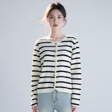 批发实拍~法式小香风条纹软糯宽松慵懒风圆领针织开衫女2026新款毛衣
