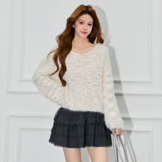 实拍~2026温柔浅黄色V领毛针织衫女韩系ins休闲软糯宽松套头毛衣