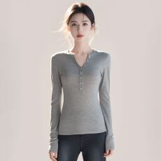 实拍~美式正肩长袖针织衫2026新款内搭打底修身显瘦辣妹上衣毛衣