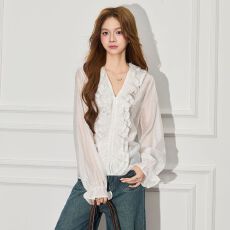 批发实拍~法式V领荷叶边气质长袖衬衫女2026春新新款醋酸<b class='q'>雪纺衫</b>上衣