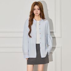 批发实拍~韩系浅蓝Polo领衬衫<b class='q'>外套</b>女春装新款设计感宽松慵懒<b class='q'>长袖</b>上衣