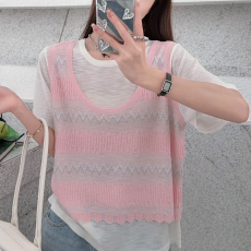 实拍~2026春夏新款百搭时尚短袖圆领假两件针织套衫减龄显瘦上衣